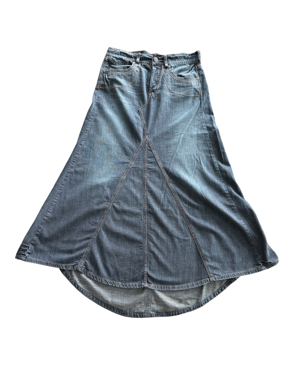 Levi's Denim Mermaid Maxi Skirt Jr 9 Medium Wash Godet High Low Boho 100% Cotton